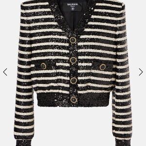 Balmain Black and White Striped Tweed Blazer